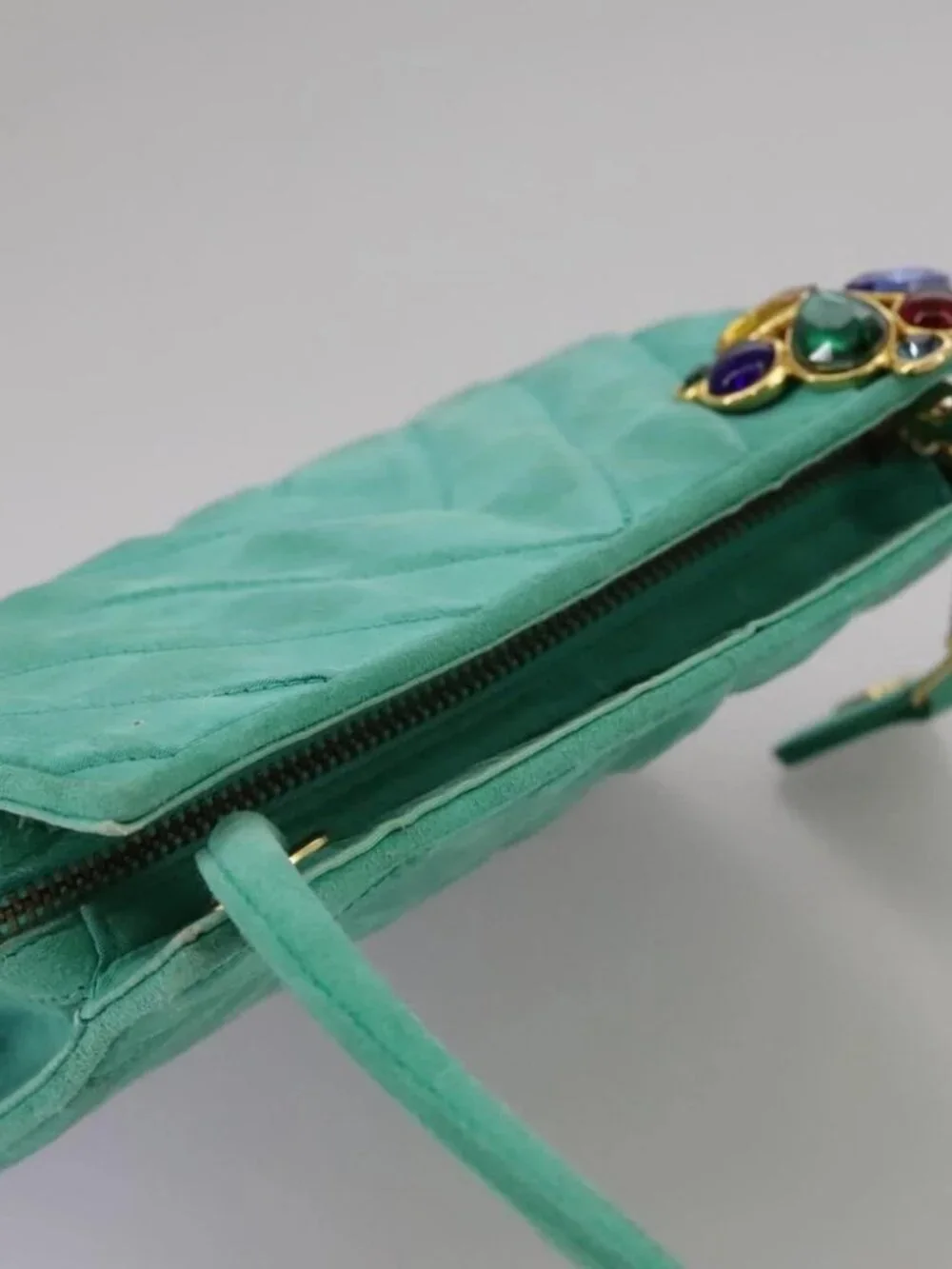 CHANEL V stitch Shoulder Bag Nylon Green Gold CC Auth 107879